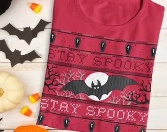 Stay Spooky Ugly Halloween Sweater Style T-Shirt - Faux Knit Graphic T - Bats and Coffins Halloween Shirt - Ugly Halloween Unisex T-Shirt