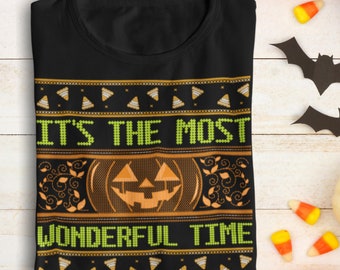 Most Wonderful Time of the Year Halloween T-Shirt - Funky Halloween T - Ugly Halloween Sweater Style Shirt - Candy Corn + Pumpkins Unisex T