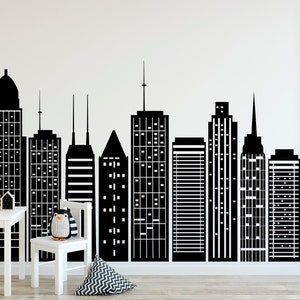 City Skyline Wall Decal for Nursery, Simple Geometric Wall Art, Cityscape Wall Decal, Playroom Decor for Boys Room, City Silhouette Art 300