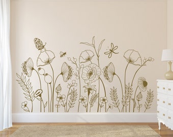 Handdrawn Flowers Wall Decal, Wildflowers Garden Wall Decor, Floral Decor for Kids Room, Day Care, Bedroom, Nursery, Bathroom, Party 408