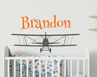 Personalized Biplane Wall Decal: Custom Name Nursery Decor WW232