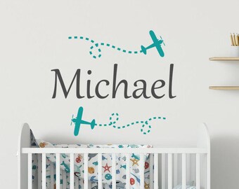 Airplane Name Wall Decal: Boys Nursery Decor WW97