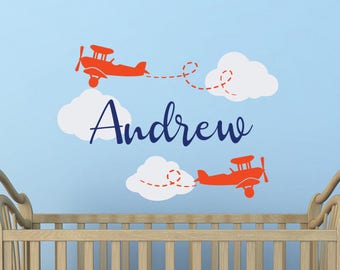 Personalized Airplane Name Wall Decal - Boys Nursery Decor WW74