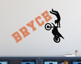 Personalized Name & Dirt Bike Wall Decal Motocross Room Decor, Custom Sports Kids Room Wall Decor, Boys Name Wall Stickers, Motobiker Gifts