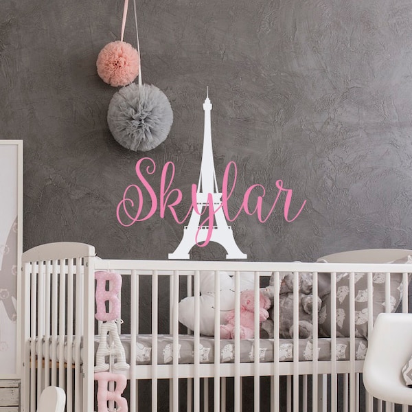 Baby Girl Name Wall Decal - Personalized Paris Bedroom Decor for Girls, Eiffel Tower Vinyl Wall Decal, Wall Decals Nursery Paris Themed Room