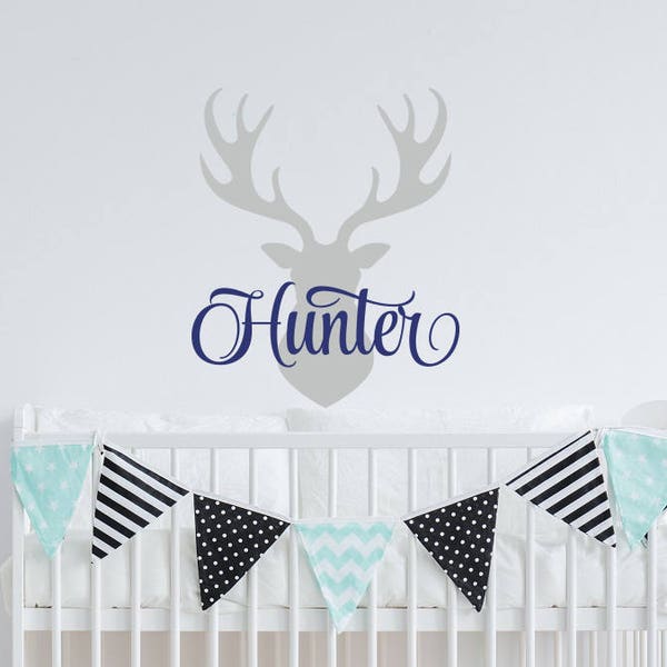 Personalized Deer Antlers Name Wall Decal Hunting Themed Woodland Nursery Decor - Deer Name Decal Nursery Baby Boys Girls Personalized Decor