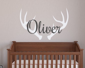 Antler Wall Decal Personalized Hunting Nursery Decor- Hunting Boys Name Wall Decal- Deer Antler Wall Decal Woodland Nursery Kids Room Decor