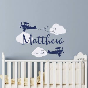 Airplane Wall Decal for Boys Room, Personalized Airplane Gift, Airplane Nursery Decor, Clouds Decal for Nursery, Personalized Name Decal