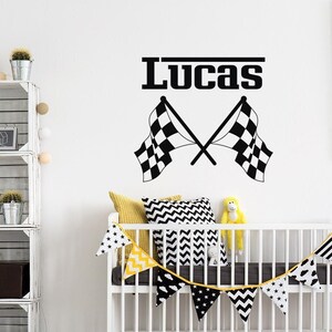 Checkered Flag Decal Personalized Boys Name - Crossed Racing Flags Wall Decals For Teens Nursery Boys Room Decor Custom Name Wall Decal 27