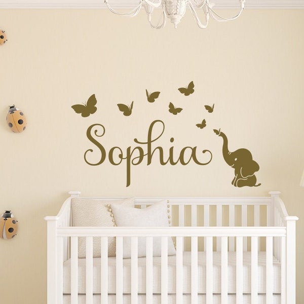 Elephant with Butterflies Wall Decal for Girls Room, Elephant Wall Decor for Nursery, Personalized Stickers for Kids, Custom Name Decal