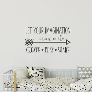 May include: A white bed with a star-patterned comforter and pillows. The wall above the bed has a decal that reads "LET YOUR IMAGINATION run wild CREATE • PLAY • SHARE". A black and white road-patterned rug is on the floor.