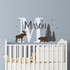 Custom Baby Name Decal Moose & Bear Woodland Nursery Decor, Personalized Name Wall Decal Boy, Forest Nursery Vinyl Decal With Boys Name 228