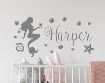 Personalized Mermaid Wall Decals - Mermaid with Name Wall Decal - Personalized Name Wall Decal with Mermaid and Starfish - Kids Wall Decal