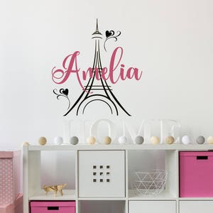 Calcomanía de pared con nombre de niña, decoración temática de París, calcomanías de pared de París personalizadas para niñas, calcomanía de pared de la Torre Eiffel, calcomanías de pared para decoración de guardería de niñas