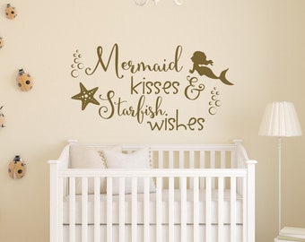 Mermaid Kisses And Starfish Wishes Wall Decal Nursery Quote, Mermaid Wall Decal, Little Girl Mermaid Decal, Girls Bedroom Wall Sticker 115