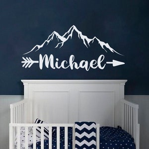 Mountain Name Wall Decal for Nursery, Mountain Boys Room Decor, Woodland Name Decal Nursery Above Crib Decor, Arrow Name Wall Decal Boy Girl