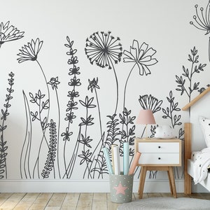 Garden Flowers Wall Decal, Doodle Flowers Decal, Wildflowers Wall Art Sticker, Floral Nusrery Decor, Handdrawing Wild Flowers Wall Decor 64