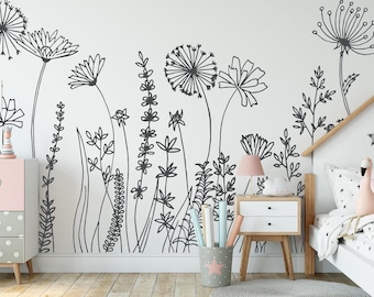 Doodle Wildflower Wall Decal: Hand-drawn Floral Border Decor for Nursery WW64