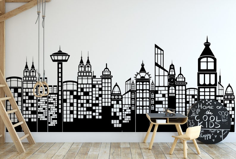 Large City Skyline Silhouette Wall Decal Cityscape Wall Etsy