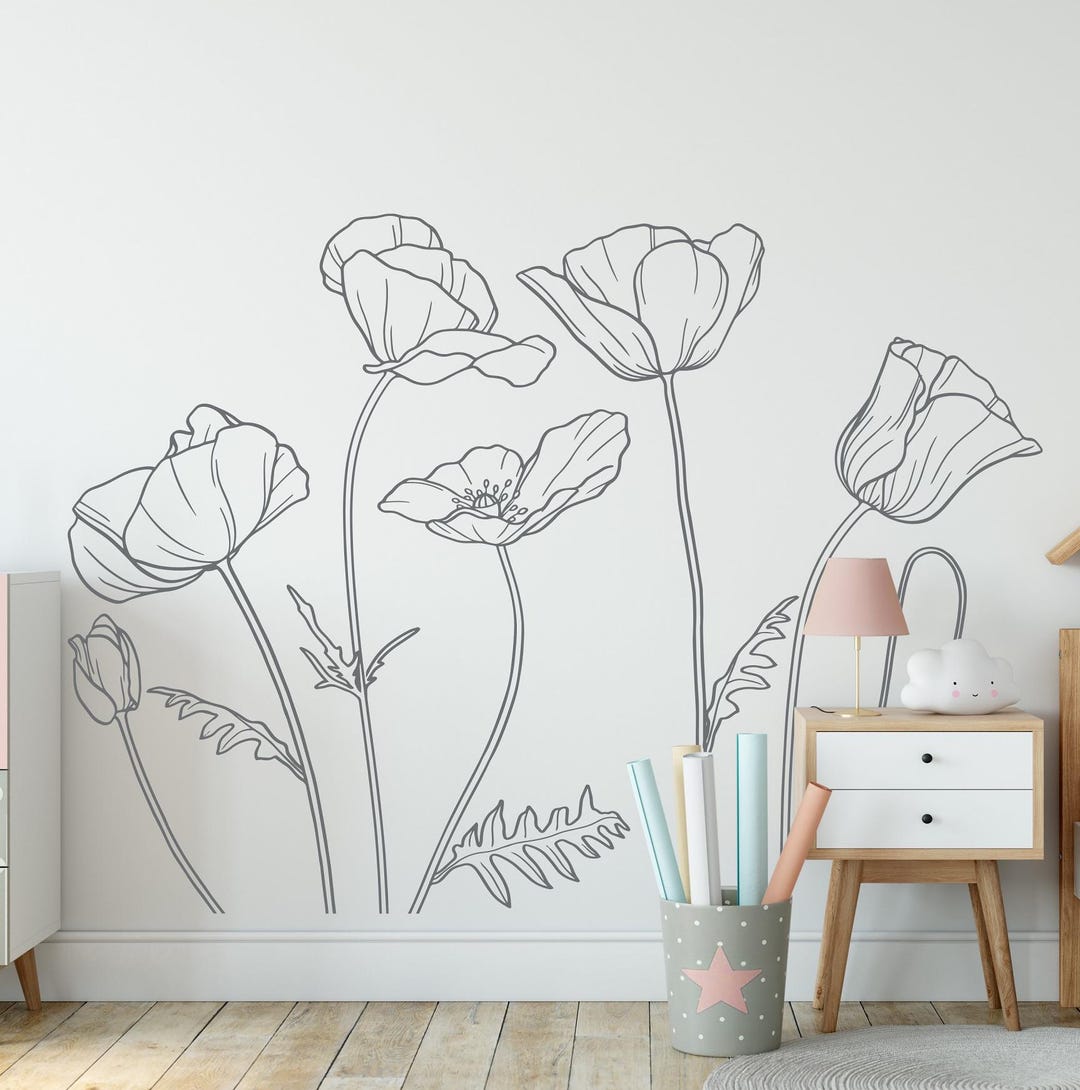 Poppies Vinyl Wall Decal: Line Art Flowers, Floral Nursery Decor WW414 ...