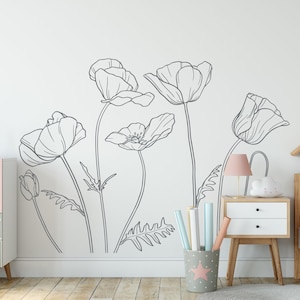 Poppies Vinyl Wall Decal: Line Art Flowers, Floral Nursery Decor WW414