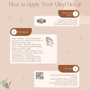 May include: A guide titled "How to Apply Your Vinyl Decal" with instructions and diagrams. The steps include preparing the surface, peeling the backing, applying the decal, and revealing the design. Includes pro tips for large decals and textured walls.