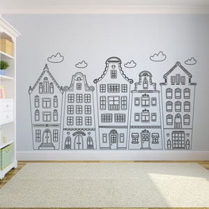 Scandinavian Houses with Clouds Wall Decal Nursery, Doodled Vinyl Decal, Playroom Decor, Handpainted Houses Kids Room, Amsterdam Houses 395