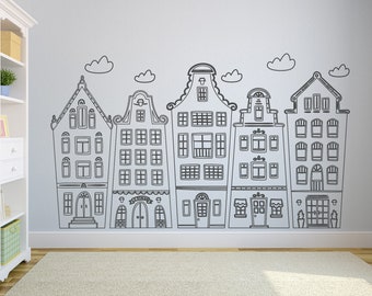 Scandinavian Amsterdam Houses Wall Decal: Doodled Nursery Decor WW395
