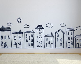 Doodle House Wall Decal: Handpainted Cityscape for Nursery Decor WW10