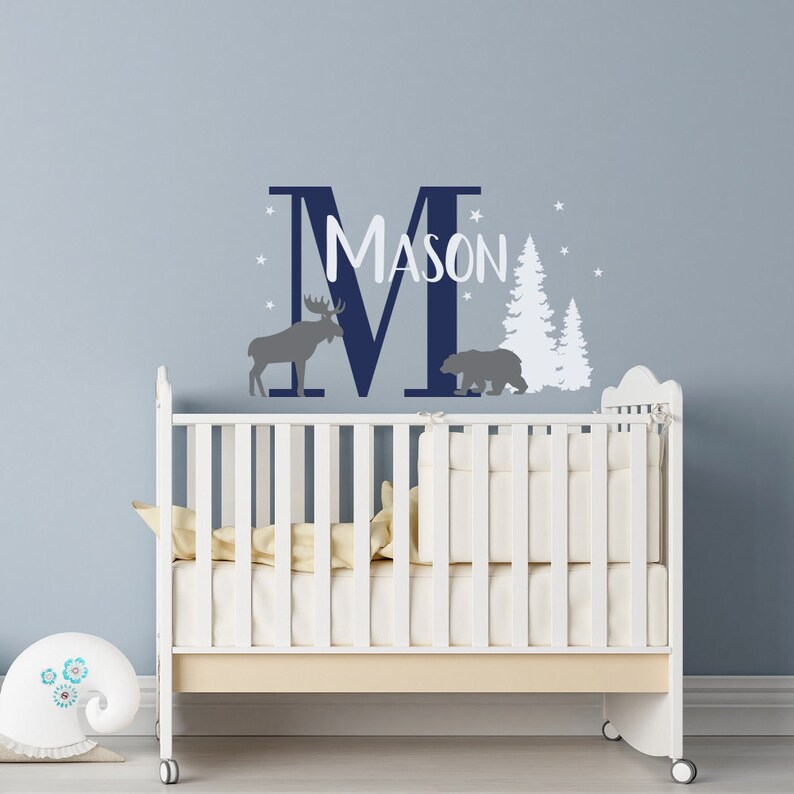 Custom Baby Name Wall Decal with Moose & Bear Woodland Nursery Etsy