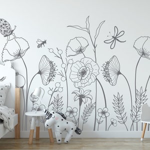 Hand-drawn Wildflowers with Butterflies Wall Decal: Line Art Floral Nursery Decor WW408