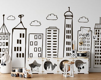 Doodle City Wall Decal: Hand-Drawn Superhero Room Decor WW19