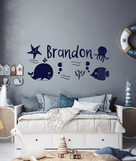 Custom Nursery Name Wall Decal Nautical Theme Decor, Whale Name Sticker,  Personalized Baby Sea Decor, Childrens Name, Sea Ocean Friends 223 