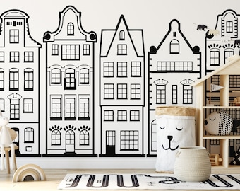 Doodled Amsterdam Houses Wall Decal: Scandinavian Nursery Art WW313