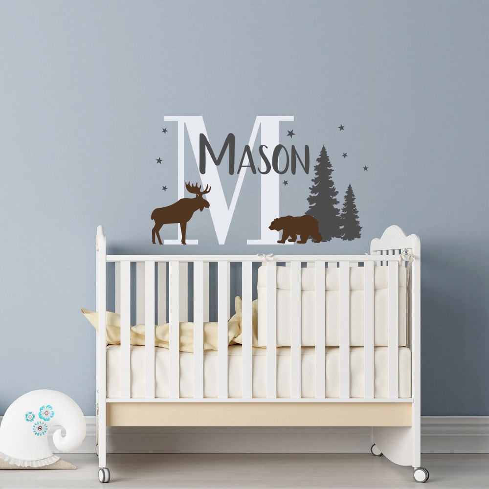 Custom Baby Name Wall Decal With Moose & Bear Woodland Nursery Etsy