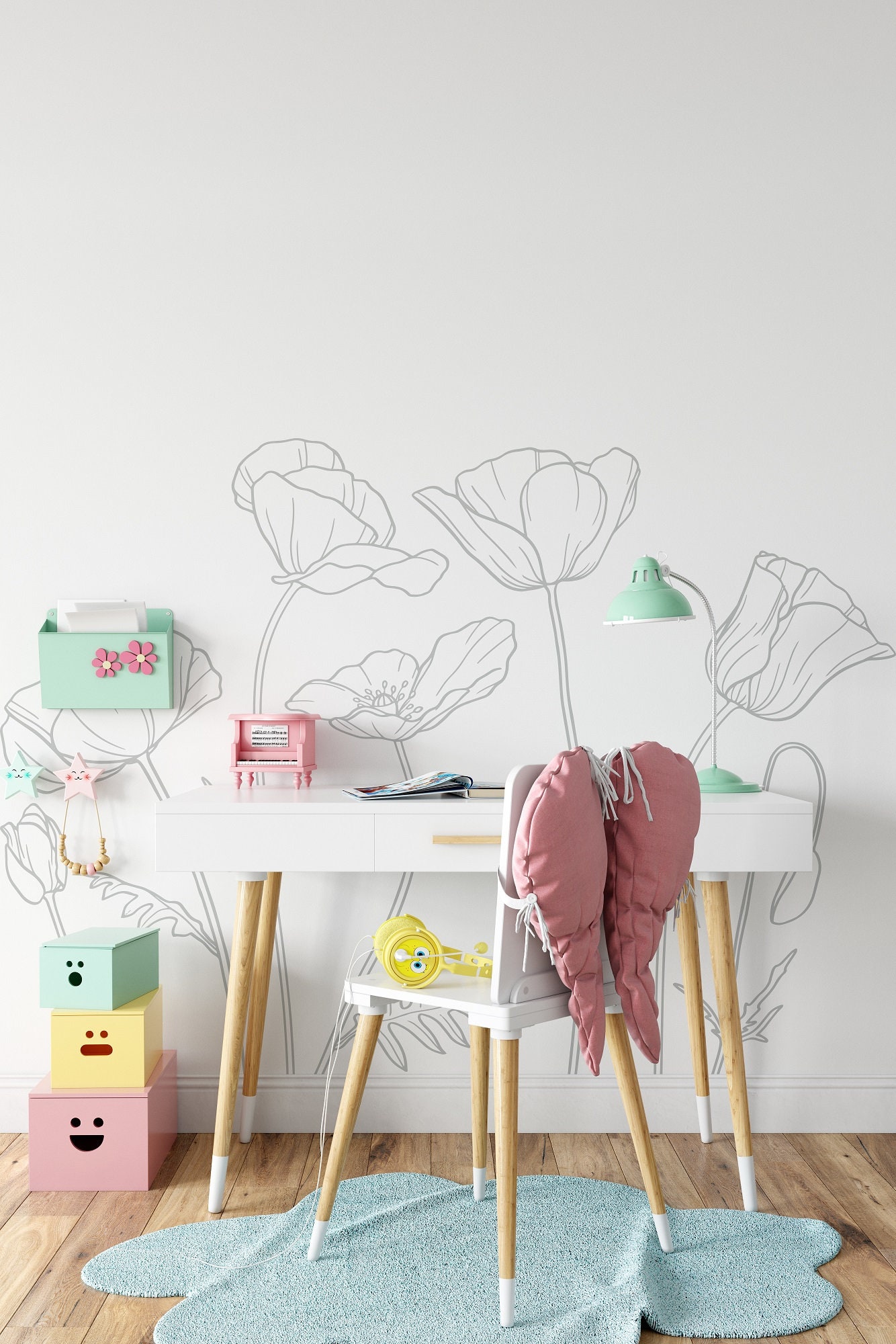 Poppies Vinyl Wall Decal: Line Art Flowers, Floral Nursery Decor WW414 ...