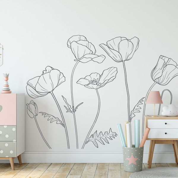 Poppies Flowers Wall Decal, Poppy Floral Decor, Flowers Decals for Girls Room, Bedroom, Nursery, Bathroom, Botanical Wall Art, Gifts 414