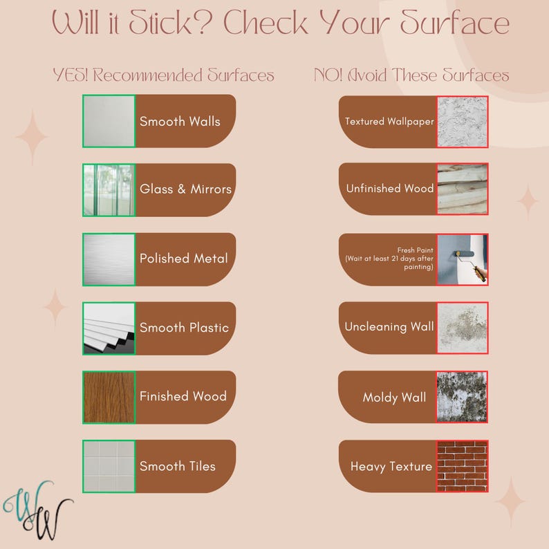 May include: A beige graphic with the text "Will it Stick? Check Your Surface." It lists recommended surfaces like smooth walls and glass, and surfaces to avoid, such as textured wallpaper and unfinished wood.