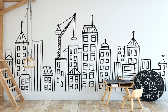 Doodled City Skyline Wall Decal: Handpainted Houses for Kids Room Playroom Decor