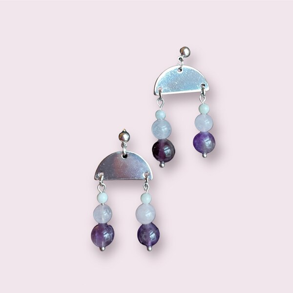 Amethyst and Rose Quartz Silver Stud Post Hanging Earrings