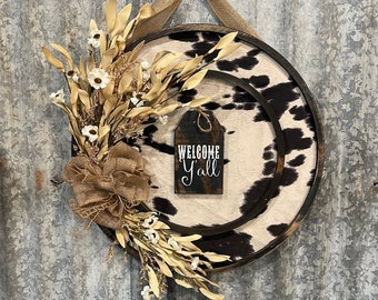 18” cow welcome y’all sign / faux cowhide sign / cow decor / rustic western decor / black cowhide