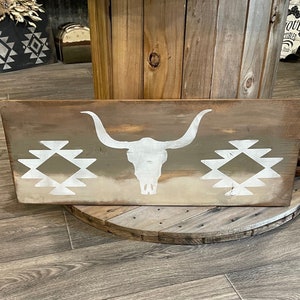 Aztec cow sign / western sign / unique rustic sign / cow decor / western decor