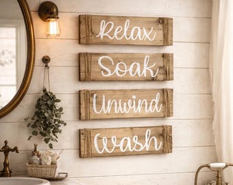 Set of 4 Rustic Farmhouse Bathroom Signs: Relax, Soak, Unwind, Wash
