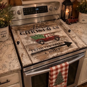 Farmhouse Christmas Stove Cover: Merry Trees Noodle Board Sign