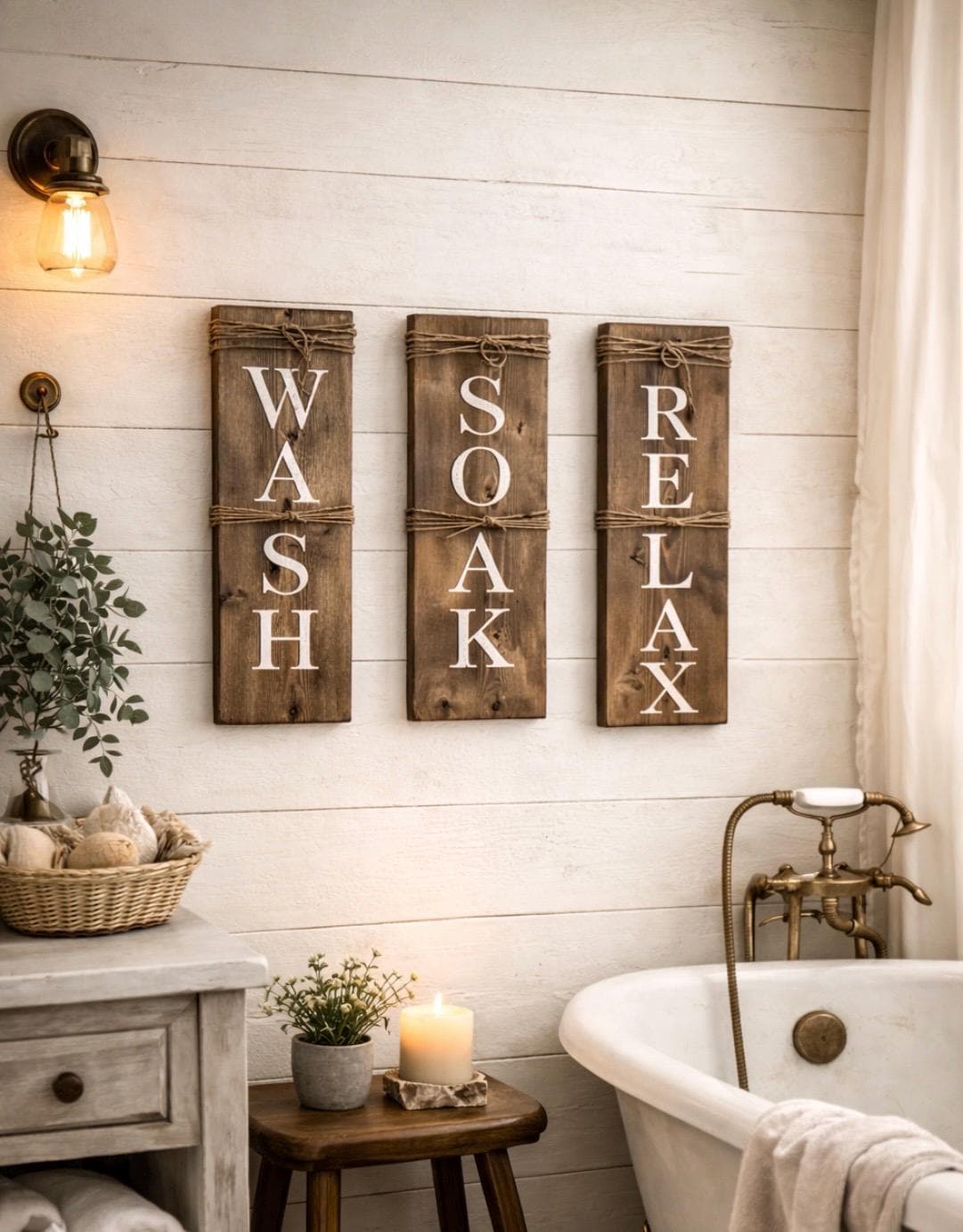 Rustic Bath Sign Set of 3 Rustic Farmhouse Bathroom Signs: Wash, Soak, Relax Wall Decor ...