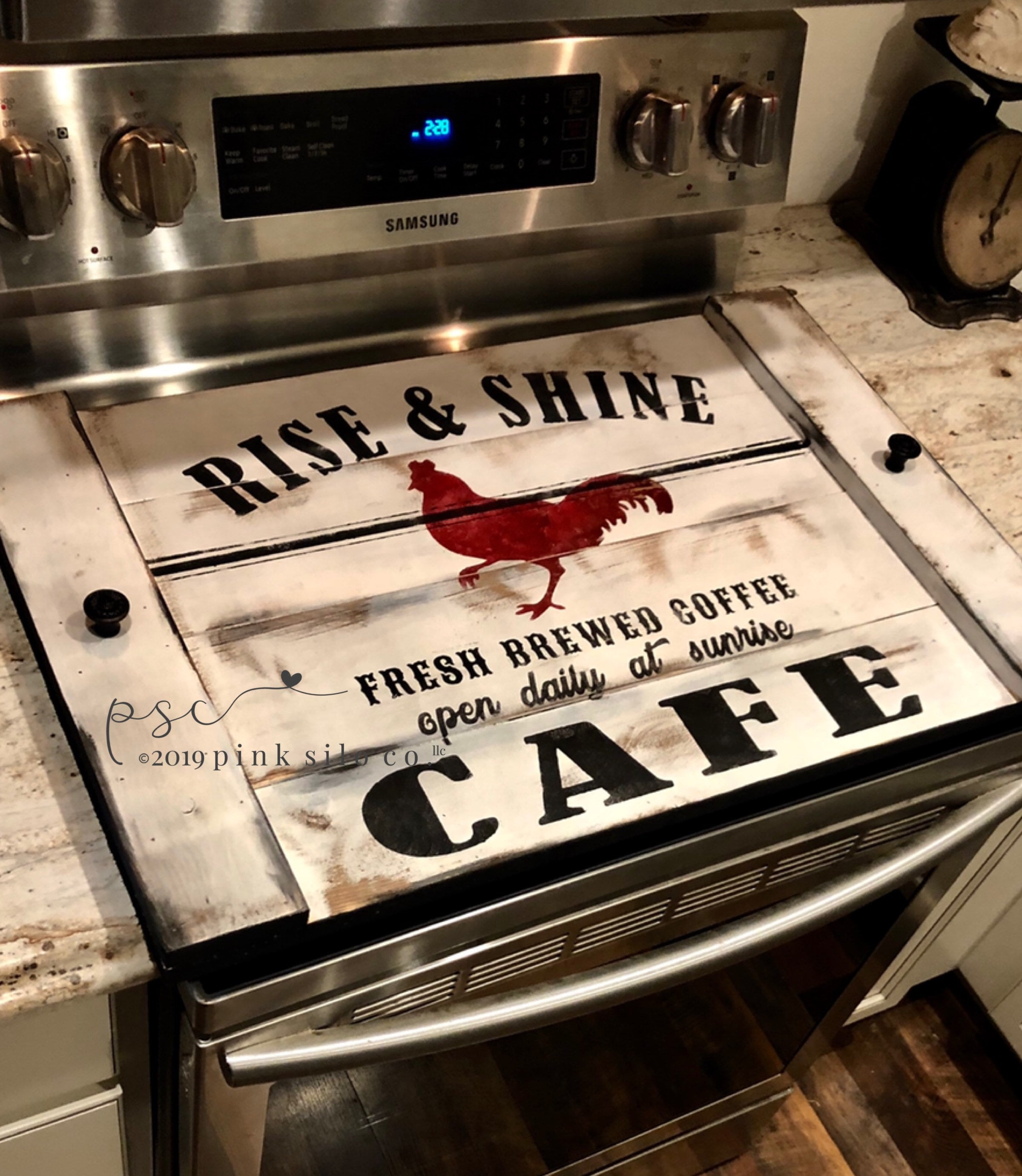 Custom Built Solid Wood Flat Glass Stove Top Cover - Stained w/ Rooster  Engraved