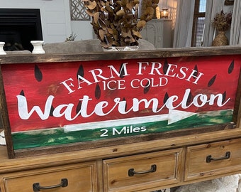 Watermelon sign / Rustic summer sign / 36" x 12" framed hand painted wood sign / Vintage inspired watermelon decor