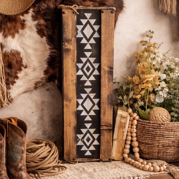 Rustic Wood Sign: Western Aztec Tribal Decor, Hand-Painted Farmhouse Style
