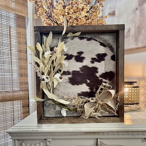 Framed  sign with cream floral and cowhide fabric / western decor