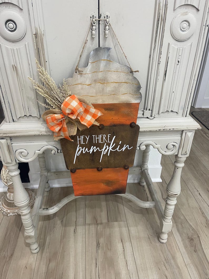 Fall pumpkin sign / rustic fall door hanger / hey there pumpkin door sign / mug cut out sign image 1